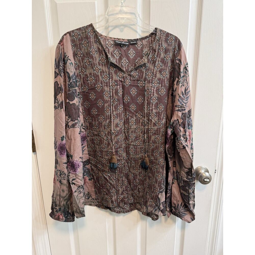 Tolani Collection XL Cora Pullover Blouse Tie At Neck Long Sleeve Brown Rose